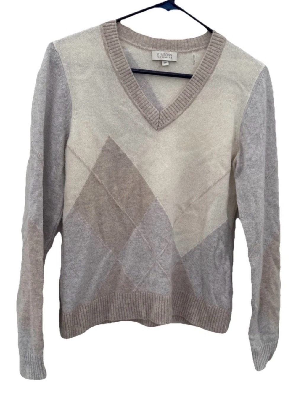 Kinross Cashmere Sweater S V-Neck Argyle Blend in Neutral Taupe gray